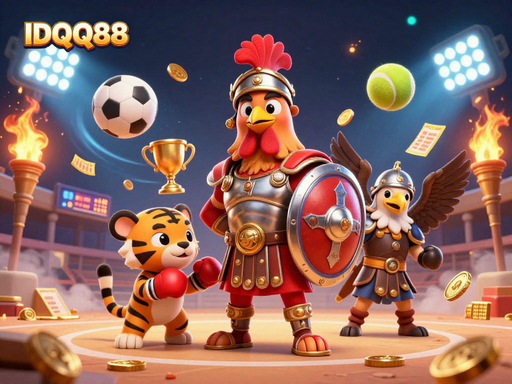 IDQQ88 showcases an exciting gladiator rooster with sports elements in a vibrant casino arena
