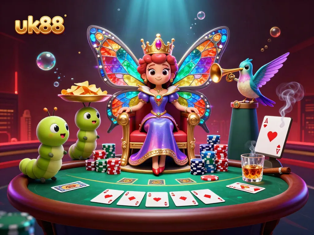 Engage in gameplay at uk88 with vibrant casino atmosphere featuring a butterfly queen and poker elements.