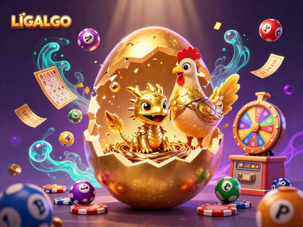 LIGALGO presents a vibrant 3D scene of a golden dragon nested on poker chips with colorful lottery elements dynamically surrounding it.