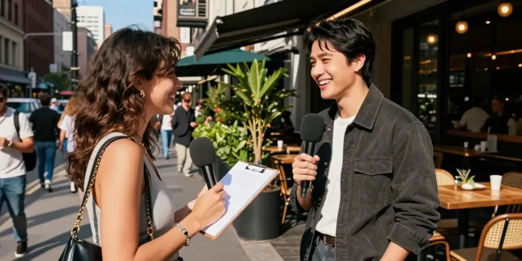 Celebritygiant interview scene with journalist and celebrity in a trendy urban café setting.