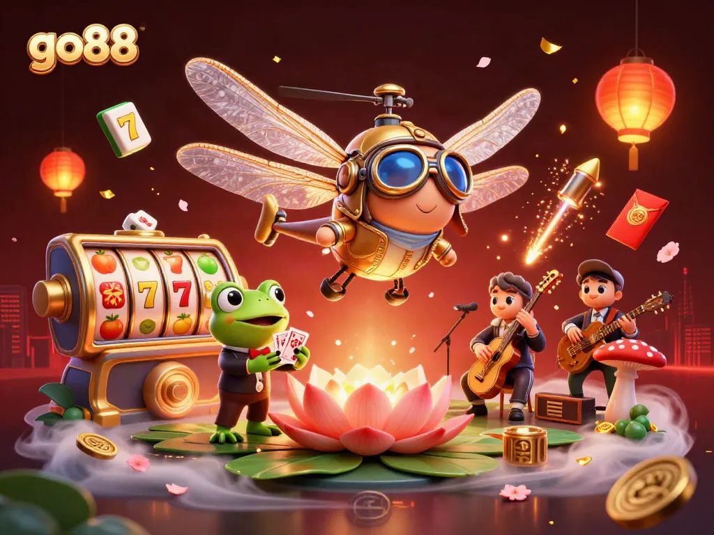 Engage in exciting gameplay with go88 as a dragonfly pilot manages a lily pad casino with a frog croupier and jazz cricket band.