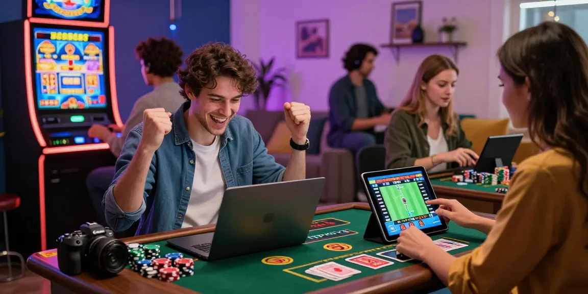 LUCK8 players celebrating wins in a vibrant online gambling environment with digital devices.