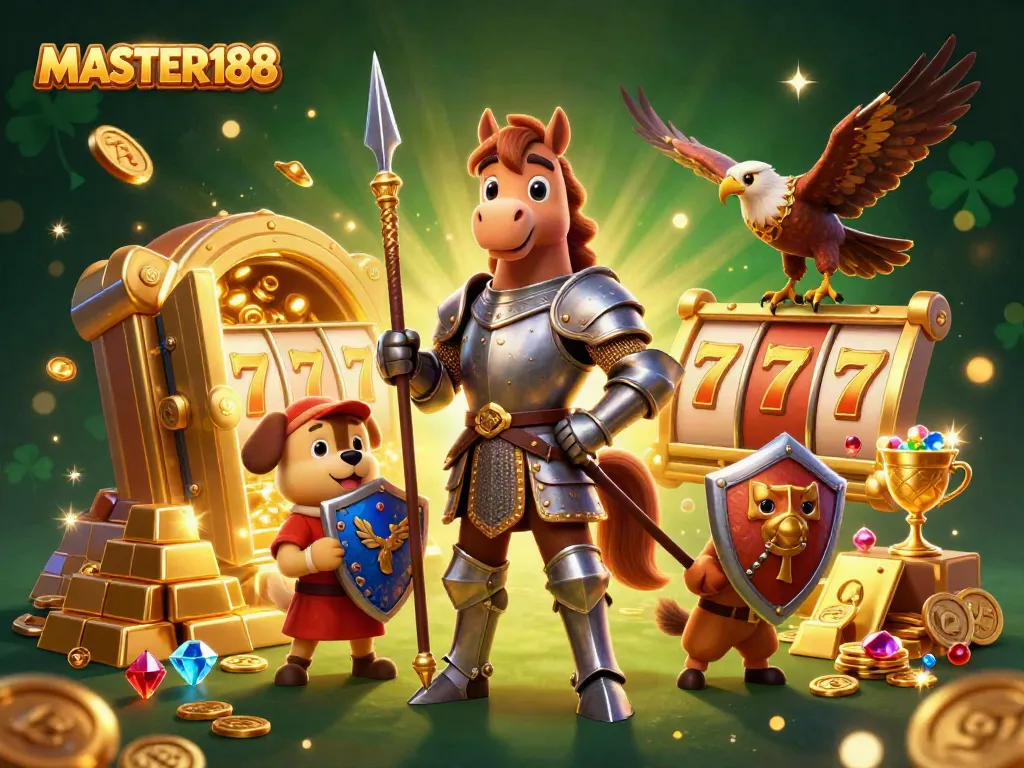 Experience the thrilling world of MASTER188 with vibrant characters and dazzling treasure in this fantasy casino scene.