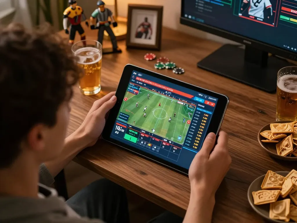 Engaging moment of a player making strategic bets on tr88 online sports platform, showcasing lively betting environment and tablet display.