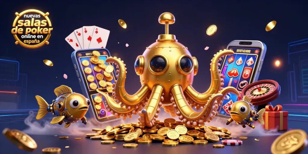 Visualiza nuevas salas de póker online en España rodeadas de monedas doradas y cartas de juego.