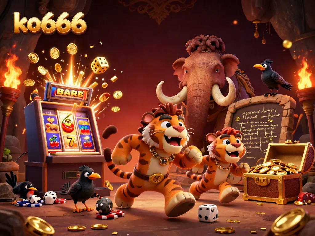 Engage in thrilling casino moments at ko666 with a dynamic 3D cartoon scene of cavemen and slot machines.