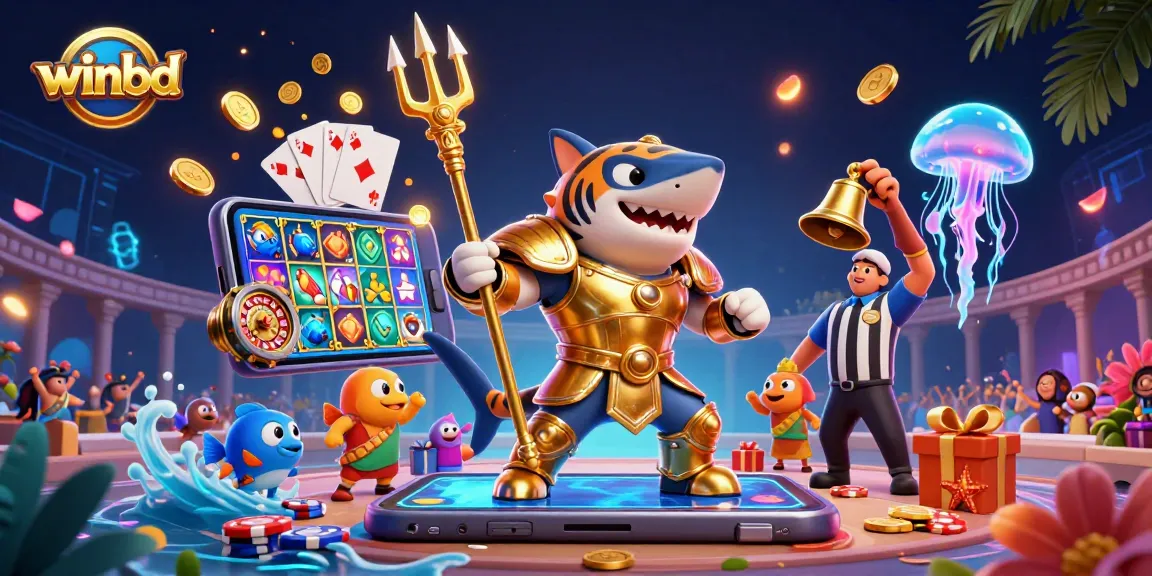Experience thrilling games at winbd with a dynamic scene featuring a tiger shark and casino elements.
