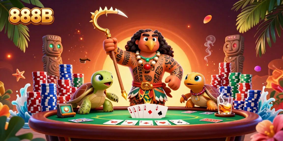 Engage with 888B's vibrant casino scene featuring a demigod hawk, poker chips, and glowing tiki statues.