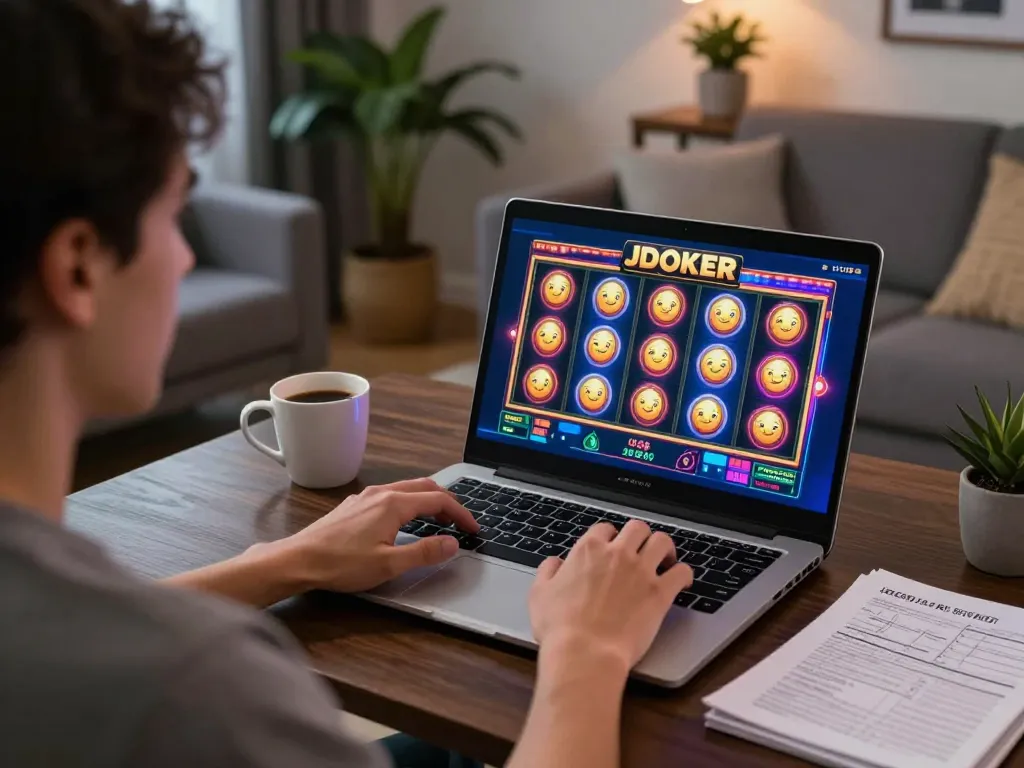Engaging in IDC88 JOKER online slots from a cozy home setup, showcasing gameplay and strategy.