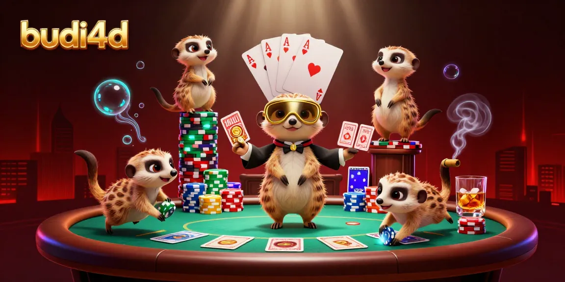 Budi4d engages players in a vibrant casino scene with meerkats managing poker tables and chip towers.