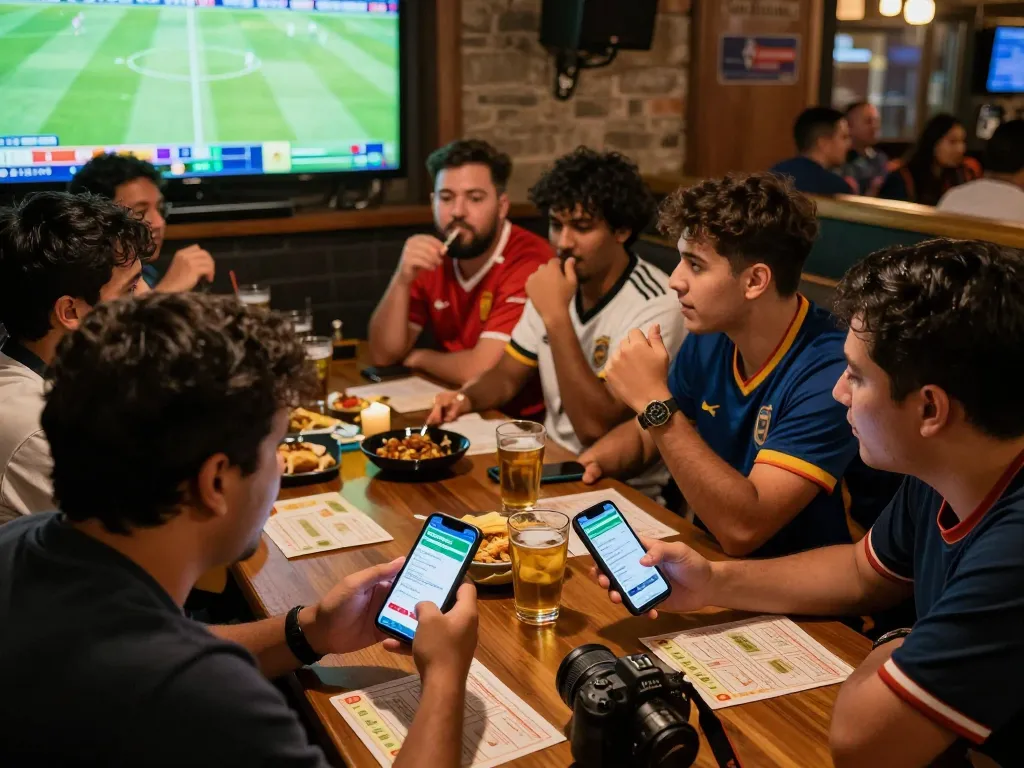 Bongdallu users engaging in live sports betting while watching a match in a lively sports bar.