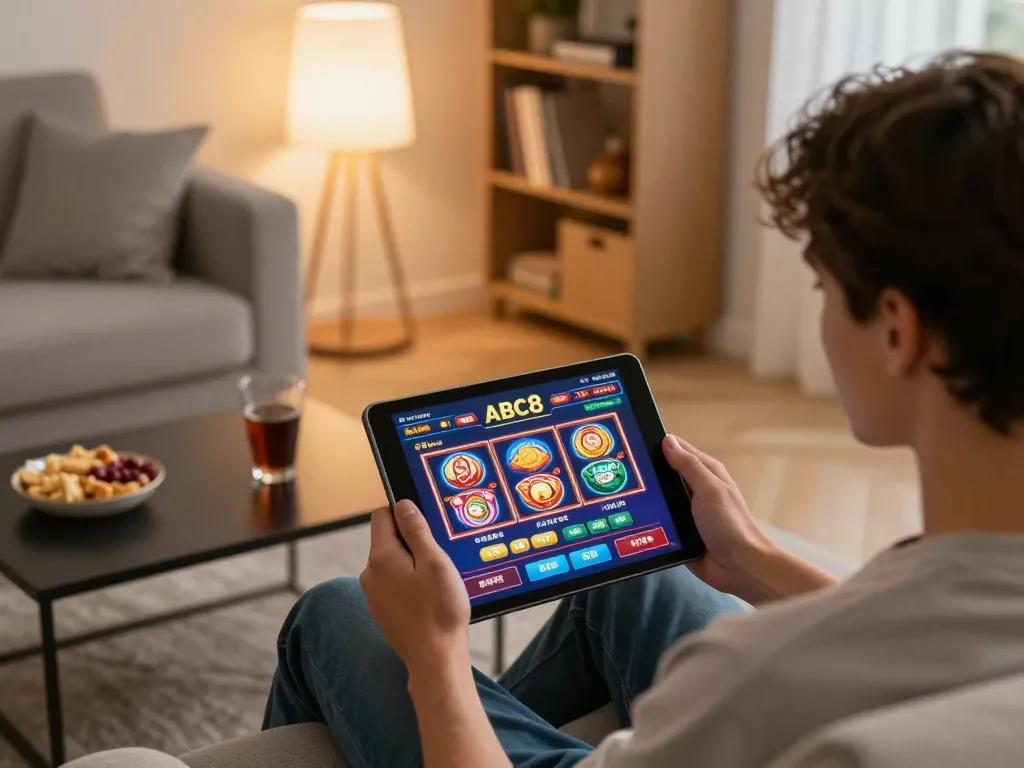Engaging in ABC8 online gaming while enjoying a cozy home atmosphere with tablet and snacks.