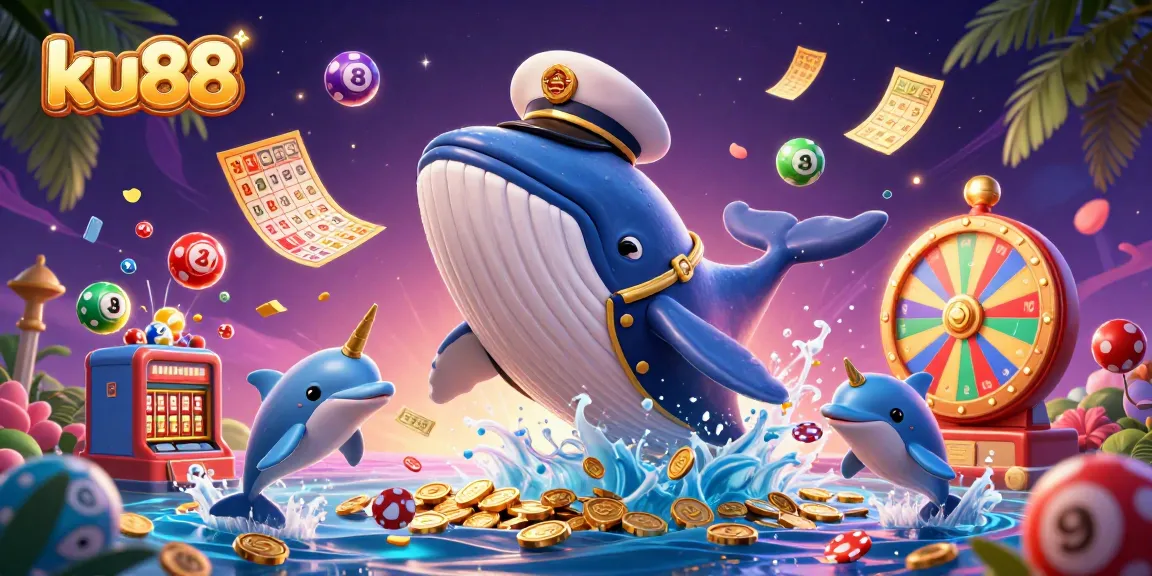 ku88 enhances your gaming experience with a vibrant illustration of a whale, narwhal, and dolphins enjoying a casino environment.