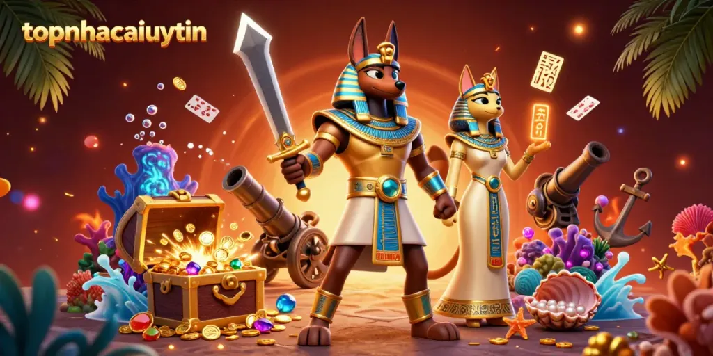 Experience the thrill of topnhacaiuytin with dynamic Egyptian-themed gaming elements and characters.