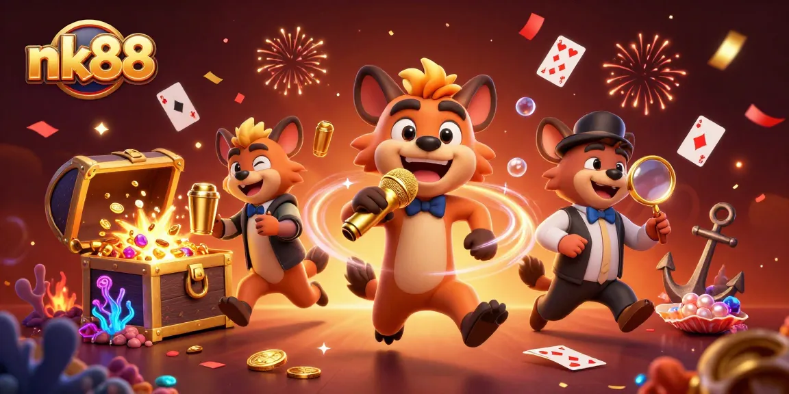 Experience fun at nk88 casino with hyenas in a vibrant 3D illustration showcasing gaming excitement.