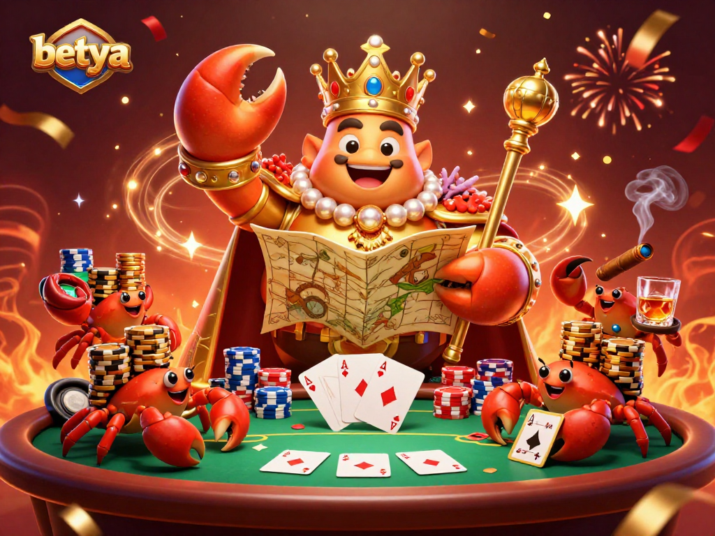 Experience the thrill of betya with the royal crab emperor amidst a vibrant poker scene.