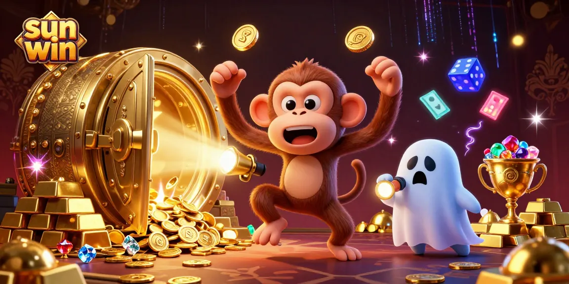 Engage with 'sun win' as the mischievous poltergeist monkey juggles casino treasures amidst a thrilling backdrop.
