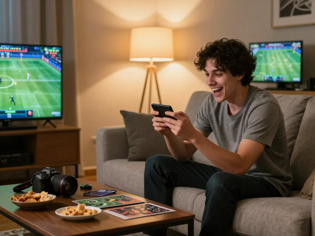 Engaged player using 78win for online sports betting in a cozy home setup
