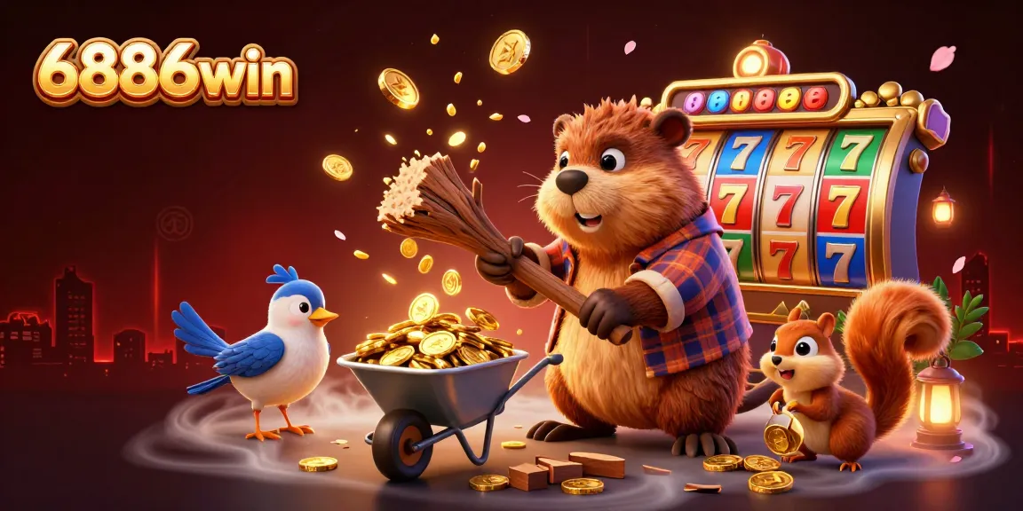 6886win showcases a vibrant scene with a beaver, bird, and squirrel amid cascading golden coins, signifying jackpot excitement.