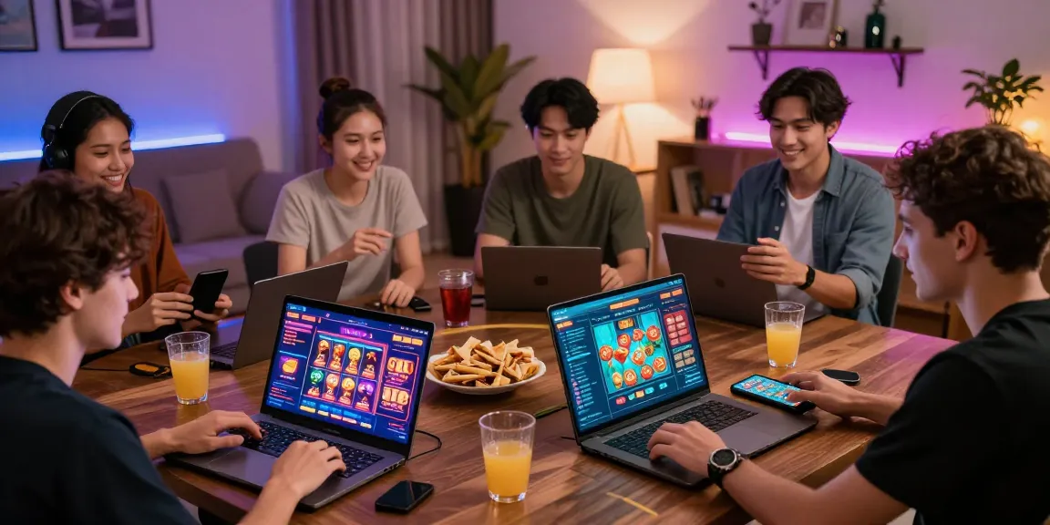 Exciting online gambling scene showing players enjoying oxbet gaming experience with laptops and drinks.