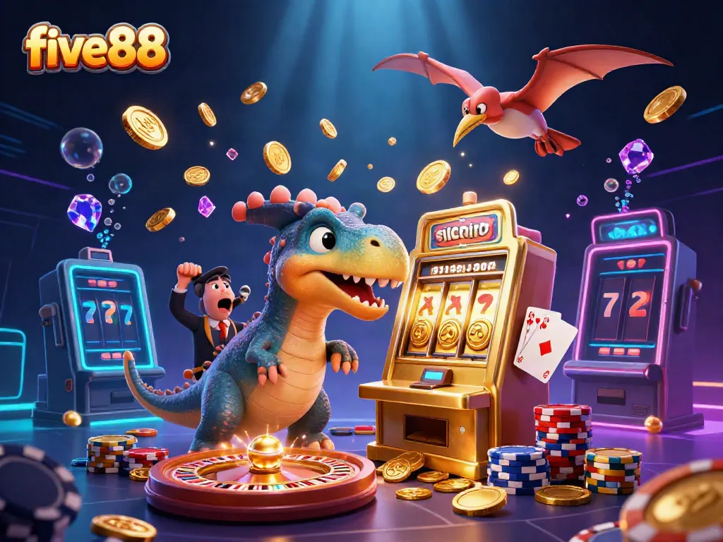 five88 jackpot scene with a pachycephalosaurus winning coins and a panicked manager beside it