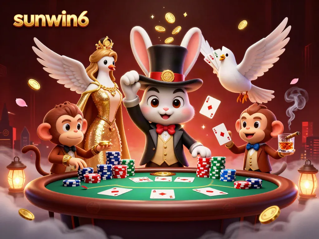 Engage with sunwin6's thrilling casino world as a magician rabbit conjures coins, illustrated in vibrant detail.