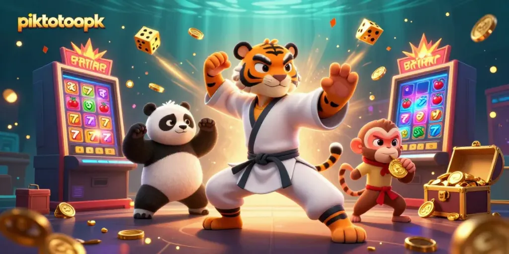 Piktotoapk illustration showcases a kung fu tiger, panda, and monkey in a vibrant casino chaos.