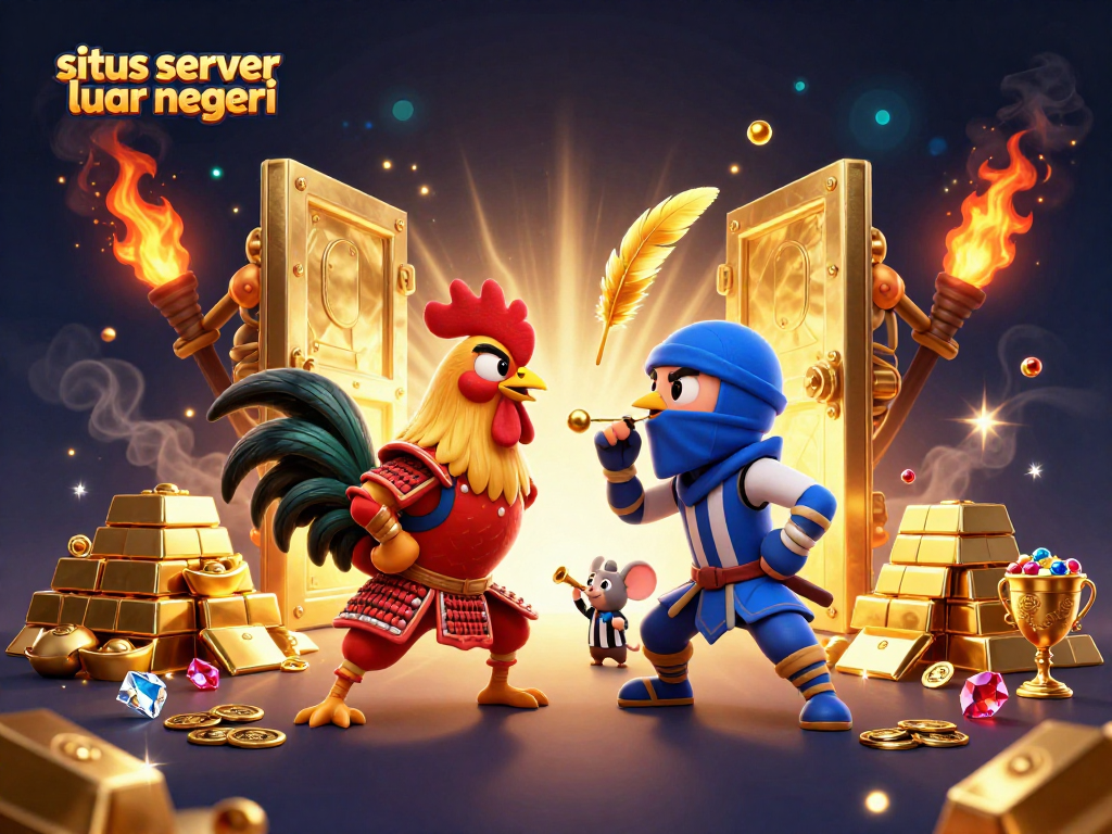 Experience situs server luar negeri action in a vibrant 3D standoff between rooster warriors amidst golden treasures.