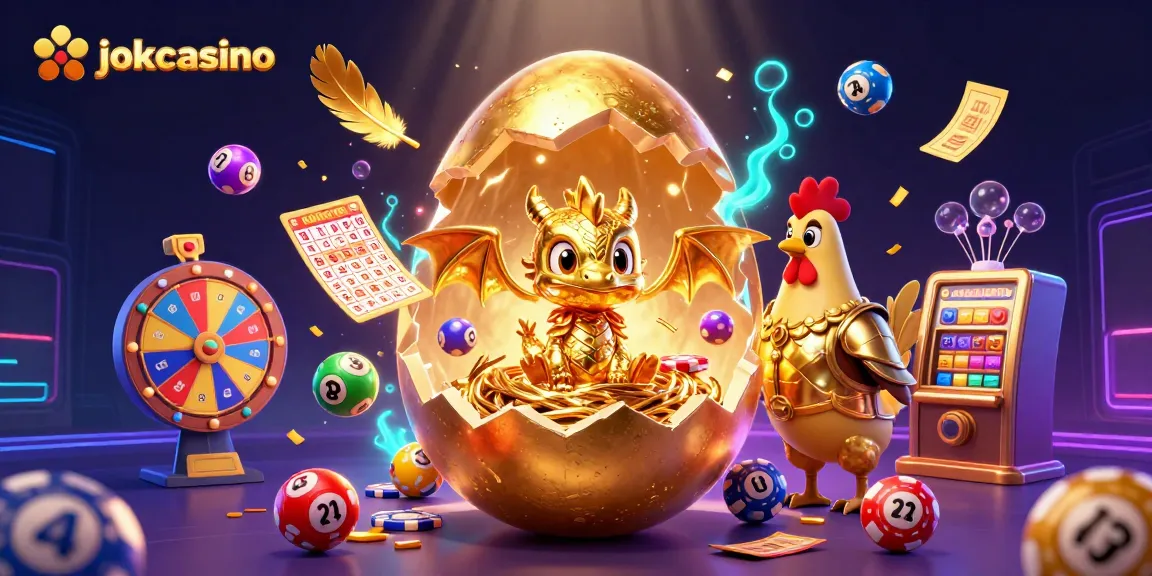 Experience the thrill of jokacasino with a vibrant illustration of a golden dragon and lottery elements.