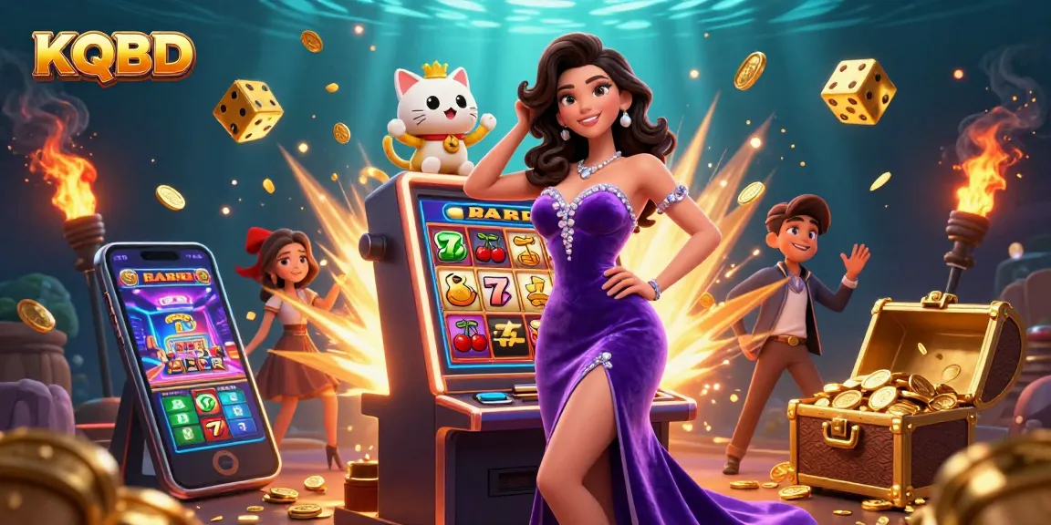 KQBD offers thrilling jackpot excitement with a glamorous woman and a fortune cat mascot at a digital slot machine.