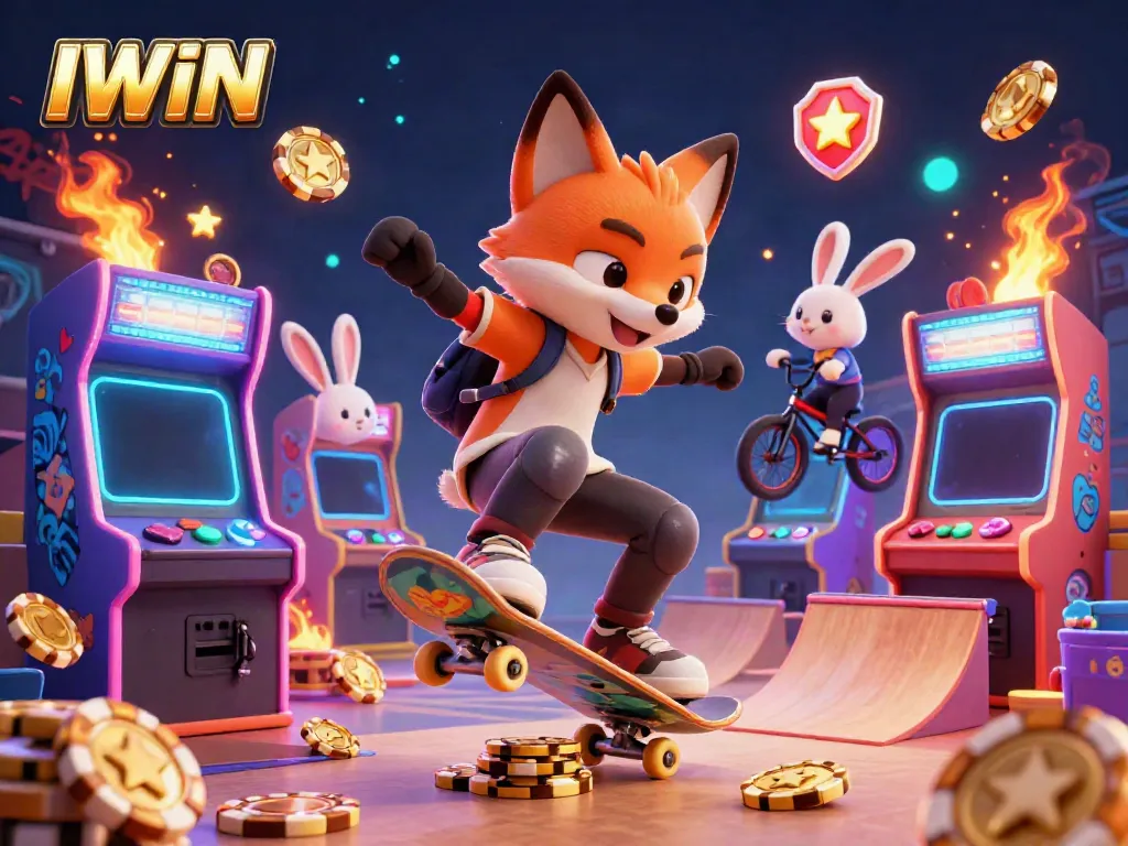 IWIN engages gamers with a vibrant scene featuring a skateboard fox and BMX rabbit, immersed in casino-themed gaming excitement.