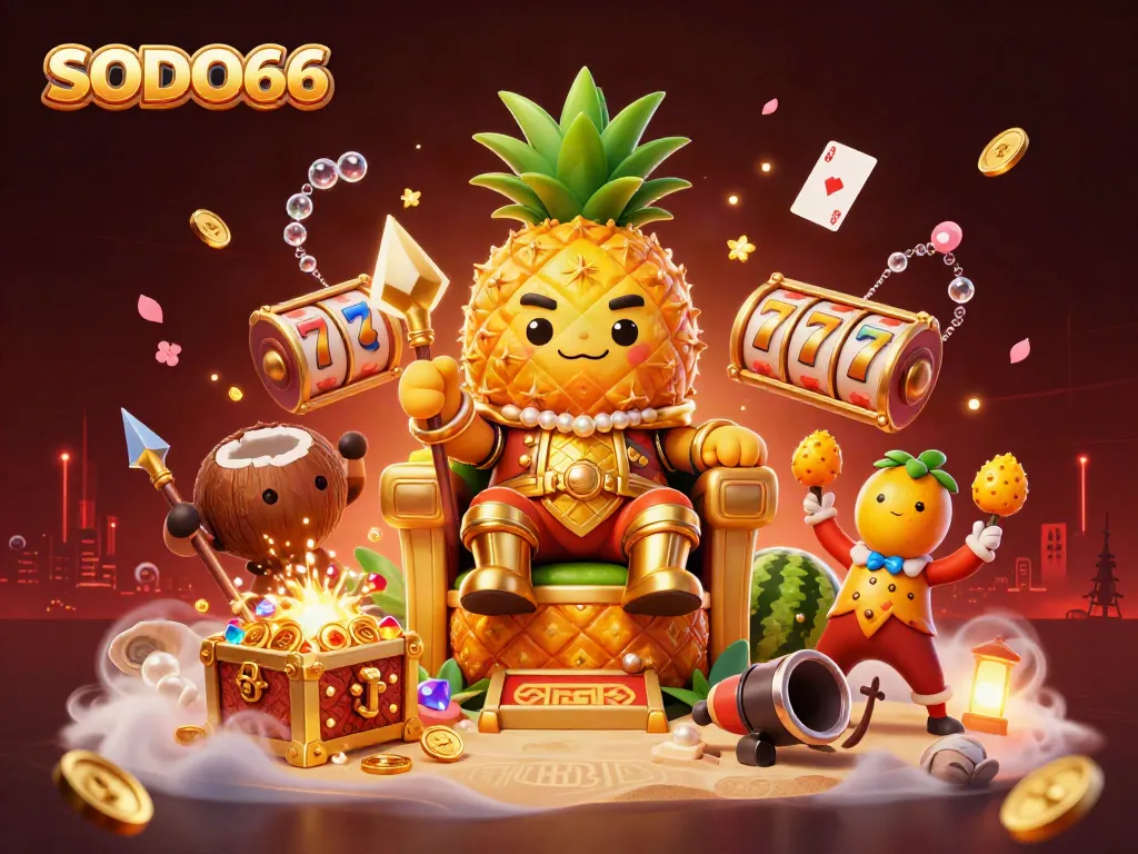 Experience the vibrant casino realm of SODO66 with a golden pineapple king and exciting game elements.
