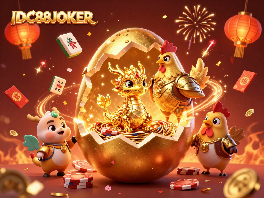 Experience the excitement of winning with IDC88JOKER at this vibrant casino illustration featuring gold-themed elements.