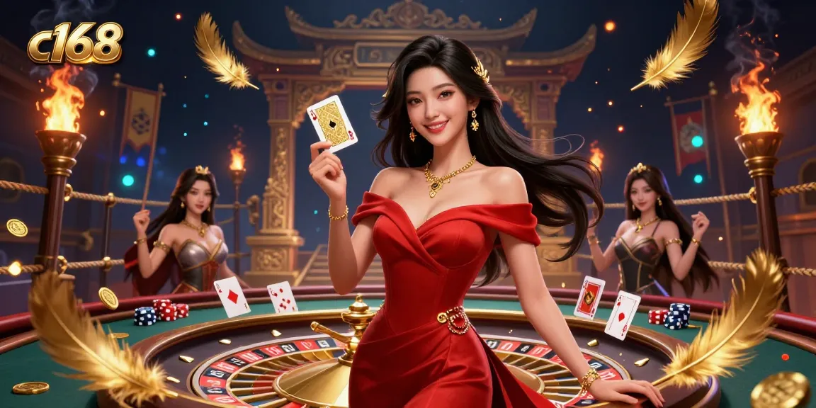 Experience the thrill of the c168 casino with a glamorous woman battling beside a golden roulette wheel.