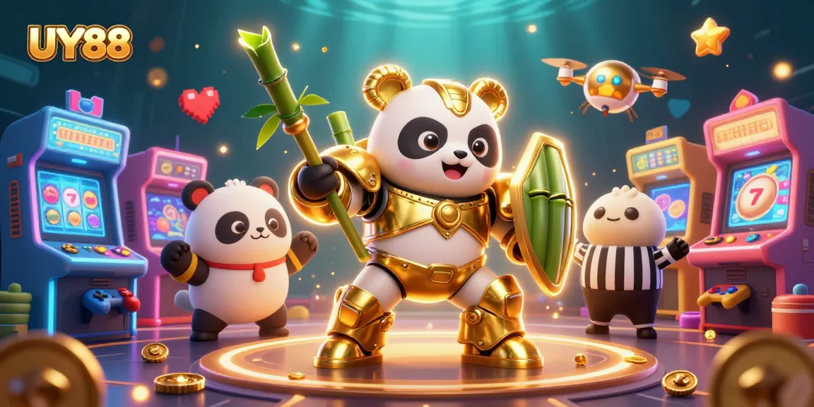 Experience excitement at UY88 with a vibrant 3D casino scene featuring a mech-suit panda.