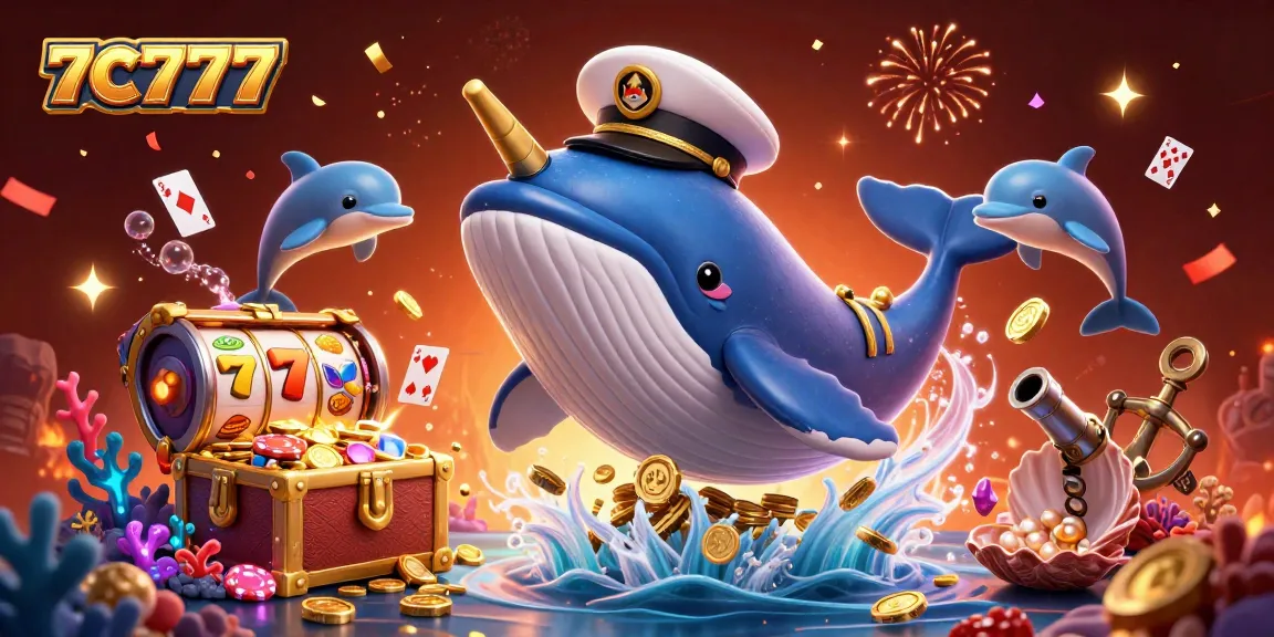 Playful dolphins and a majestic whale in a sea of gold coins showcase 7C777 casino excitement.