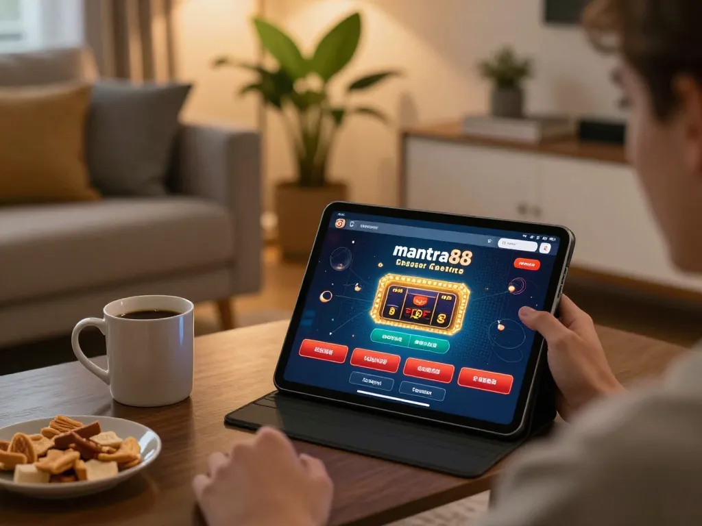 Player using mantra88 app on tablet in a comfortable home setting for online gambling