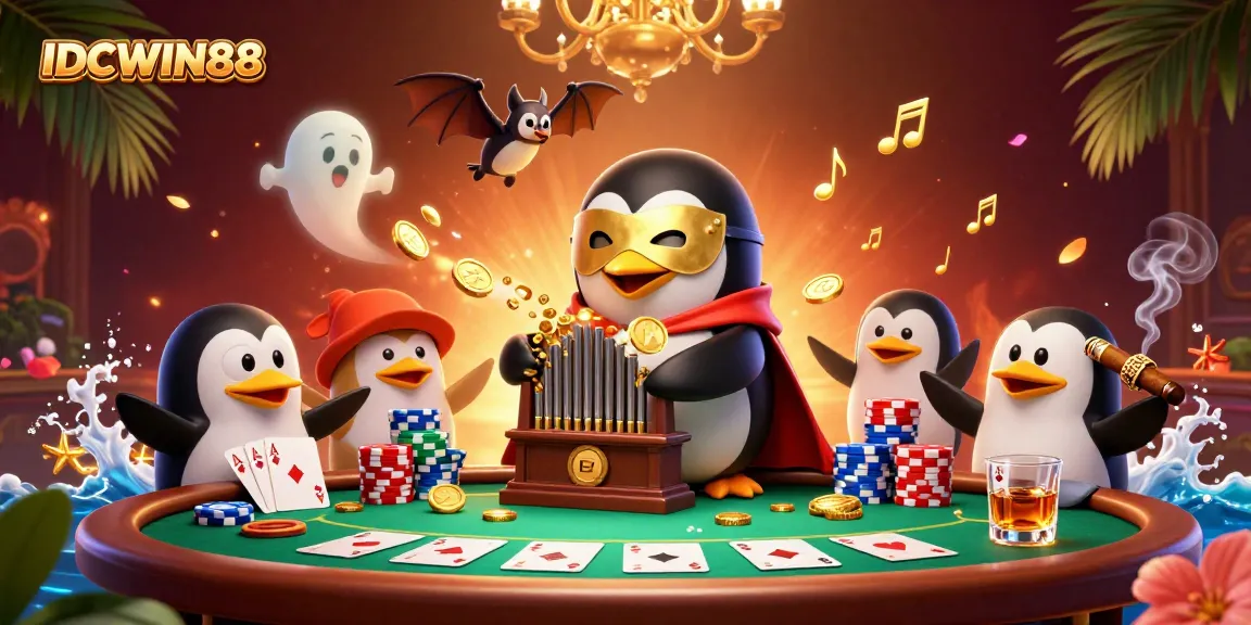 Engage at IDCWIN88 with a captivating online casino scene featuring a penguin playing an organ.