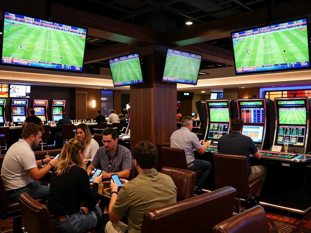 Patrons engaging in live sports betting at tylekeonhacai88 lounge, with screens showing matches.