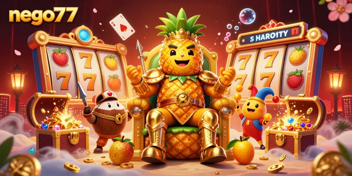 Experience exciting wins with nego77 at a vibrant beach casino featuring the golden pineapple king and dynamic slot reels.