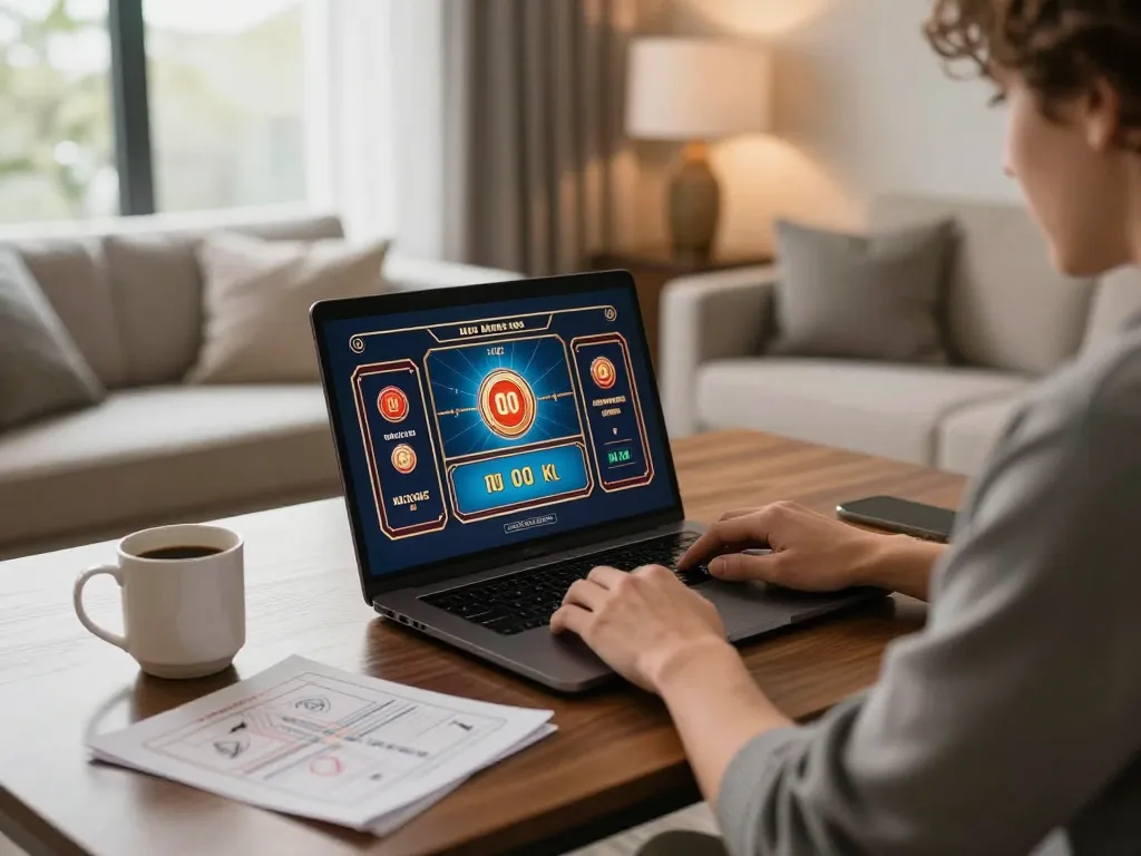 Engaging in online casino games on vegasslot77 from a stylish home setup, highlighting responsible gaming.
