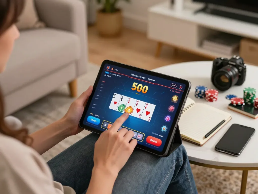 Engaging in a game online poker session on a tablet, showcasing vibrant card graphics and strategic notes.