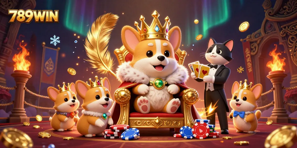 Experience the luxurious thrill of 789WIN, showcasing a royal corgi amidst festive casino elements.