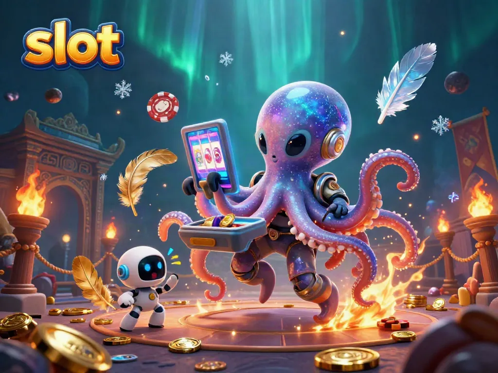 Engaging scene of a slot machine operated by an alien octopus amidst cosmic gambling elements