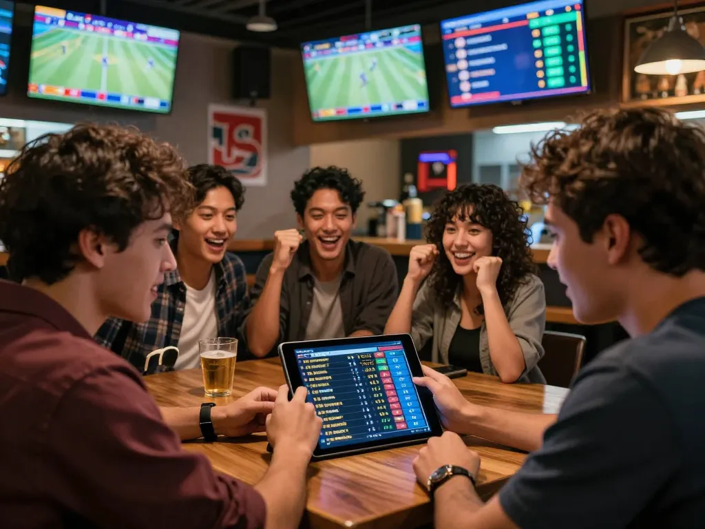 Kèo nhà cái hôm nay showcased as bettors review live odds and celebrate wins in a lively sports bar setting.