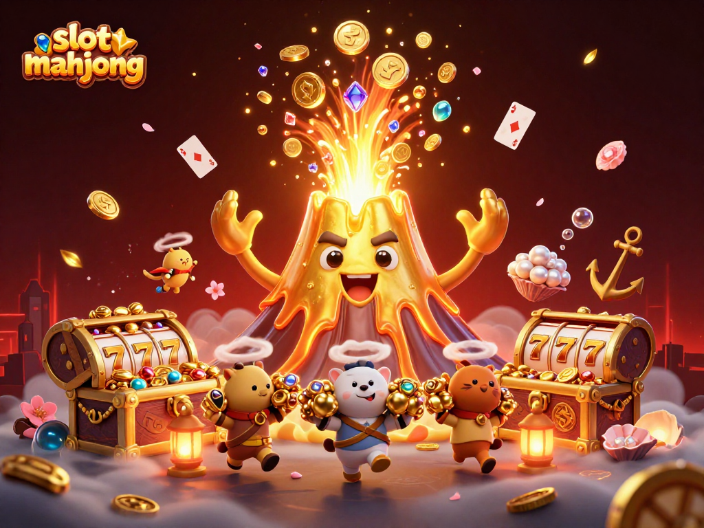 Experience thrilling gameplay with slot mahjong as a golden volcano erupts treasures and lucky symbols.