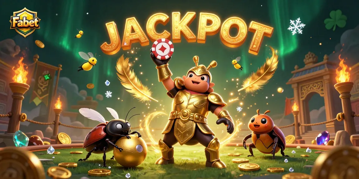 Engage with Fabet's thrilling victory scene featuring a hercules beetle in gold armor and a jackpot celebration.