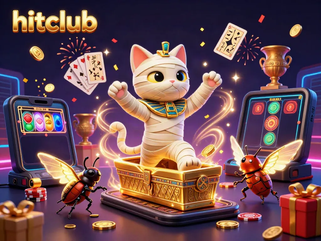 Experience the excitement of hitclub with a mummy cat and a scarab beetle in a vibrant casino scene.