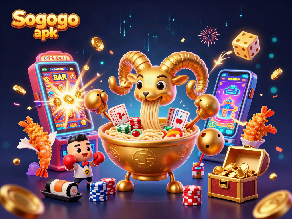 Engaging scene featuring the Sogogo apk with a giant ramen bowl dealing cards amidst vibrant slot machine action.