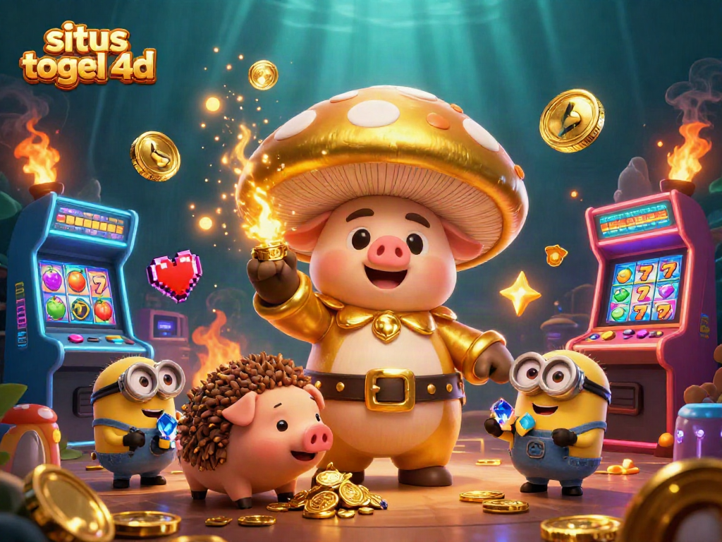 Experience situs togel 4d with a magical scene showcasing a golden mushroom wizard, treasure, and casino elements.